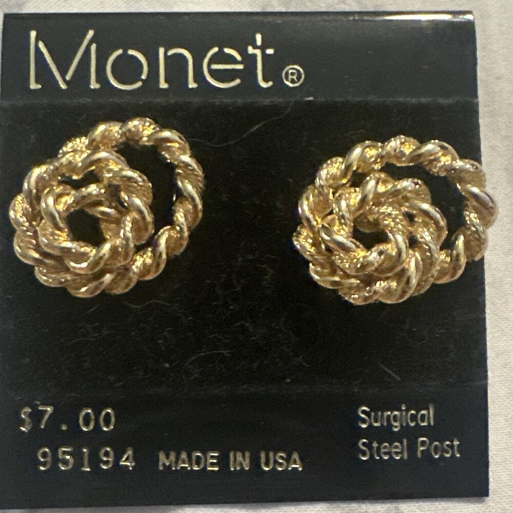 Vintage MONET Goldtone Twisted‎ Rope Spiral Stud Earrings New